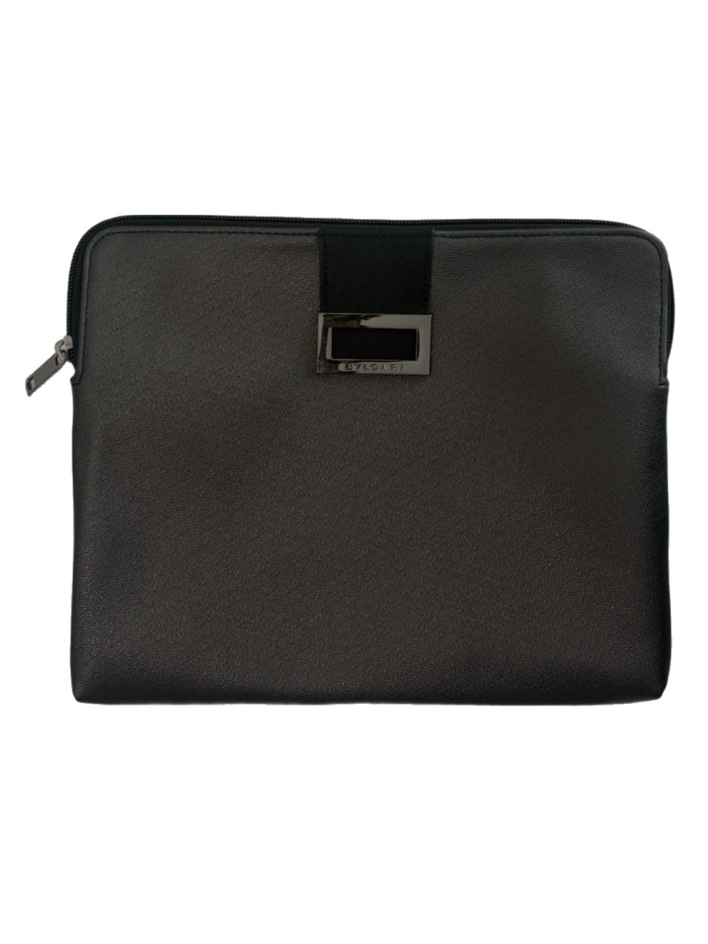 Bvlgari Black Leather Tablet Makeup Pouch Case Clutch Logo Clasp Zipper Closure